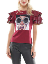 Load image into Gallery viewer, OYA SUNGLASS GIRL PATCH WITH FAUX LEATHER SLEEVE TOP
